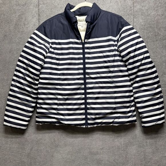 Talbots Jackets & Blazers - Talbots Jacket Womens Medium Down Puffer Blue Striped Coat Nautical Coastal Prep